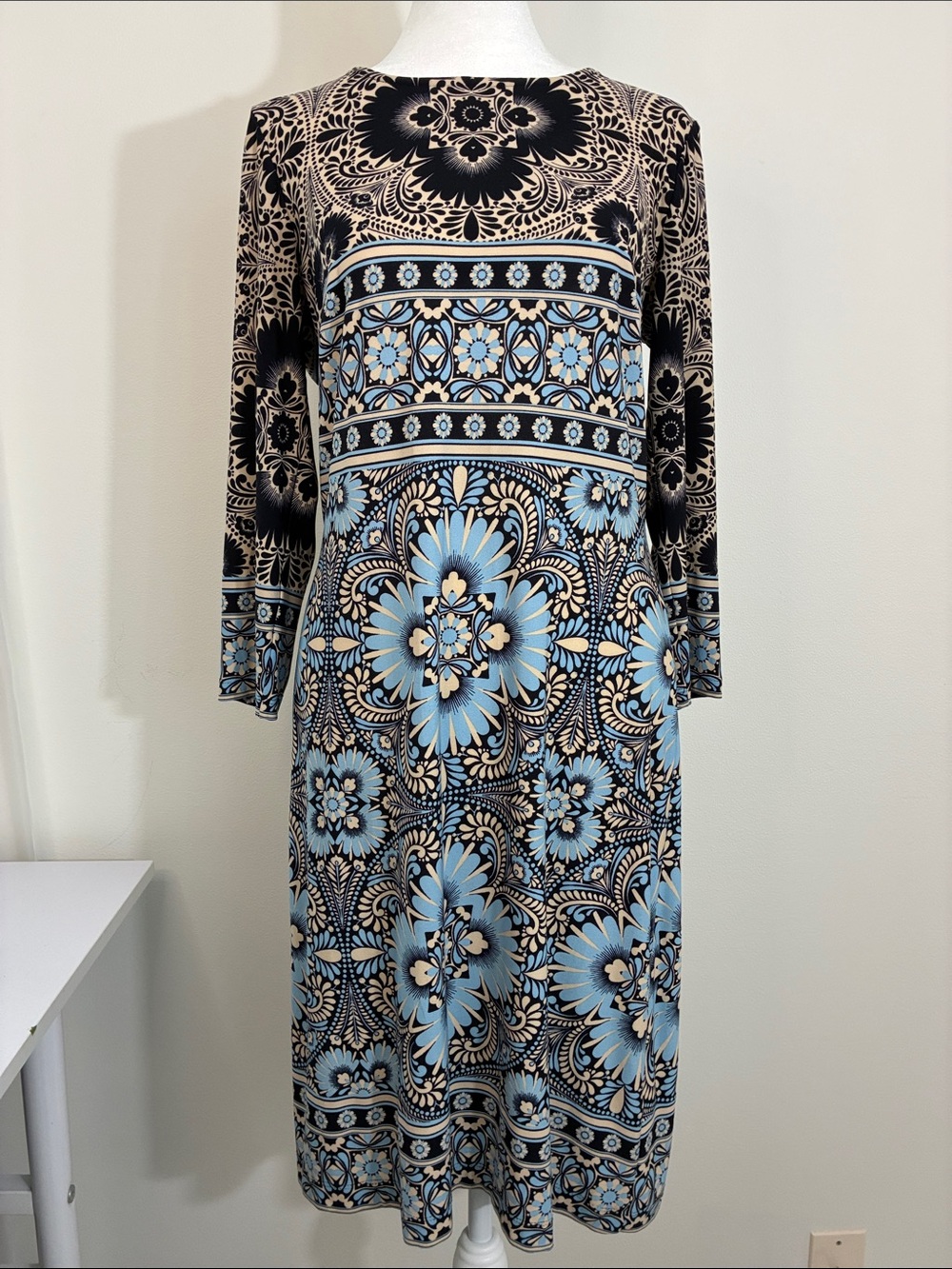 dm Collection Medallion Midi Dress in Light Blue and Black/Tan 6